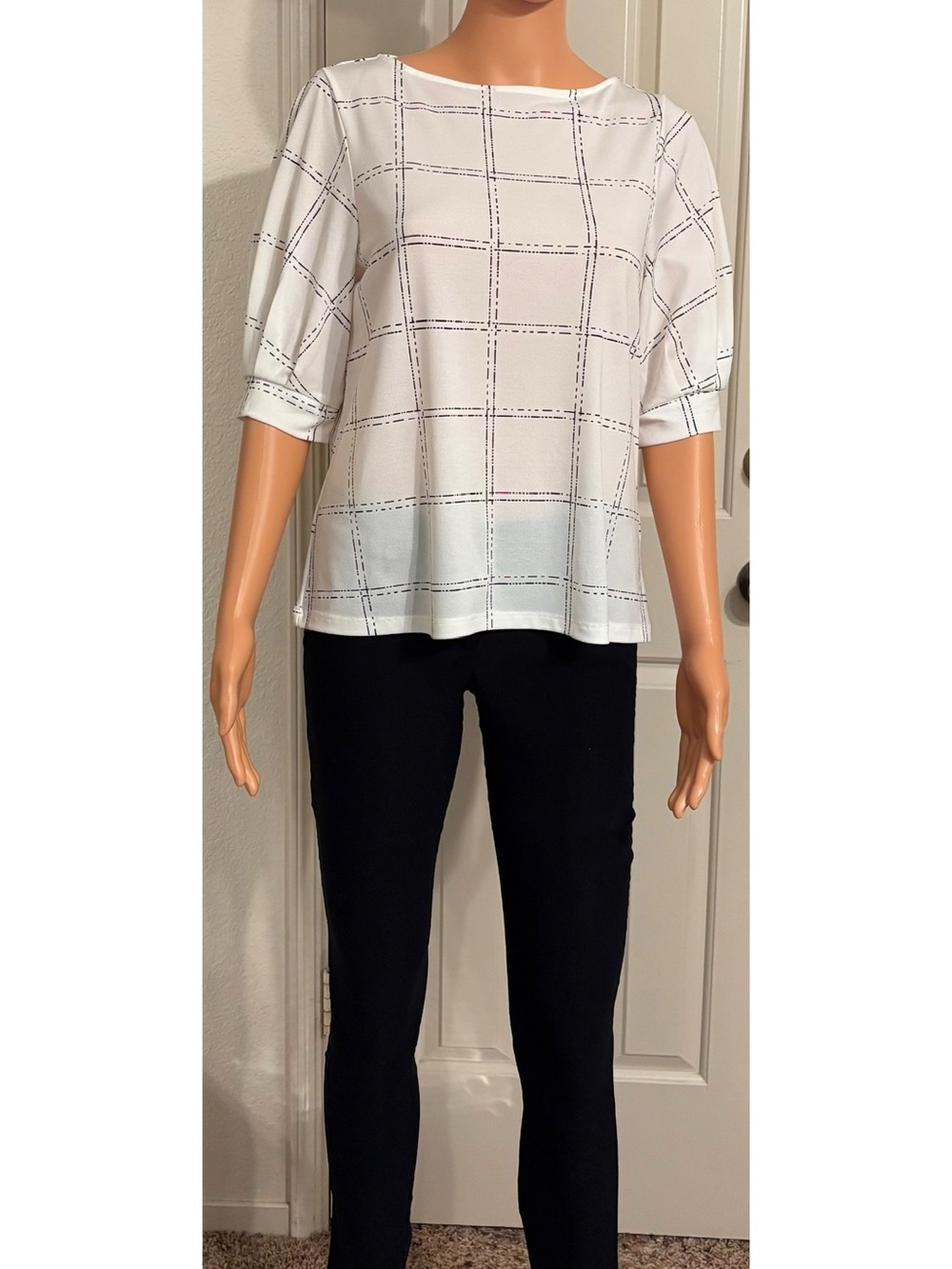H&M White Top with Black Windowpane Grid